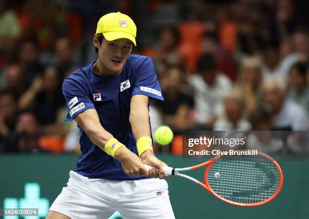 Soonwoo Kwon of Korea Republic plays a backhand against Miomir Kecmanovic of Serbia during the Davis Cup Group Stage 2022 Valencia match between...