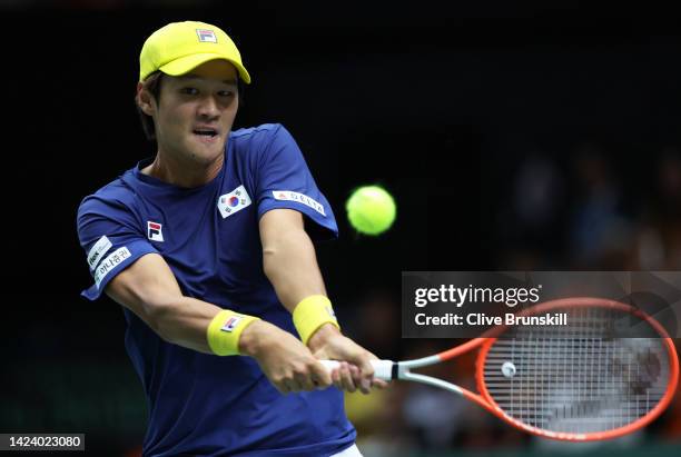 Soonwoo Kwon of Korea Republic plays a backhand against Miomir Kecmanovic of Serbia during the Davis Cup Group Stage 2022 Valencia match between...