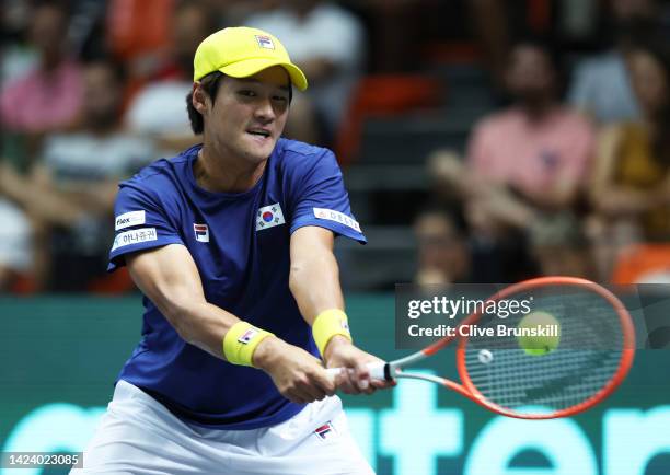 Soonwoo Kwon of Korea Republic plays a backhand against Miomir Kecmanovic of Serbia during the Davis Cup Group Stage 2022 Valencia match between...