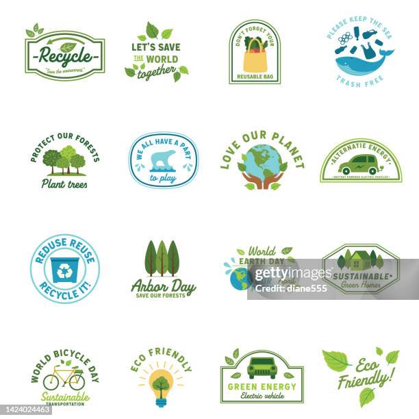 environment icons badges & labels on a transparent background - plastic free stock illustrations