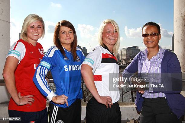 England and Team GB Head Coach Hope Powell poses with FA WSL Digital Ambassadors Megan Harris of Lincoln Ladies, Claire Rafferty of Chelsea Ladies...