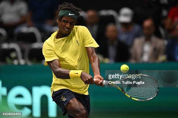 Elias Ymer of Sweden in action during his match against Borna Gojo of Croatia during the Davis Cup Group Stage 2022 Bologna match between Croatia and...