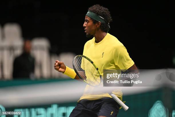 Elias Ymer of Sweden celebrates during his match against Borna Gojo of Croatia during the Davis Cup Group Stage 2022 Bologna match between Croatia...
