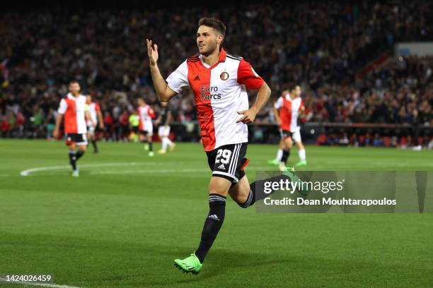 Santiago Gimenez of Feyenoord celebrates after scoring their side's fifth goal during the UEFA Europa League group F match between Feyenoord and SK...