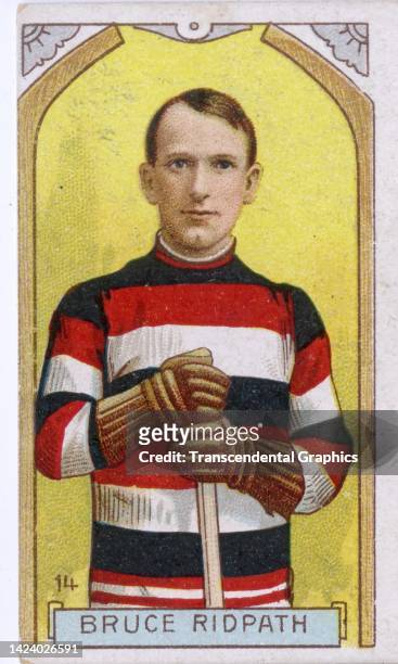 Cigarette card features ice hockey player Bruce Ridpath, of the Ottawa Senators, 1911.
