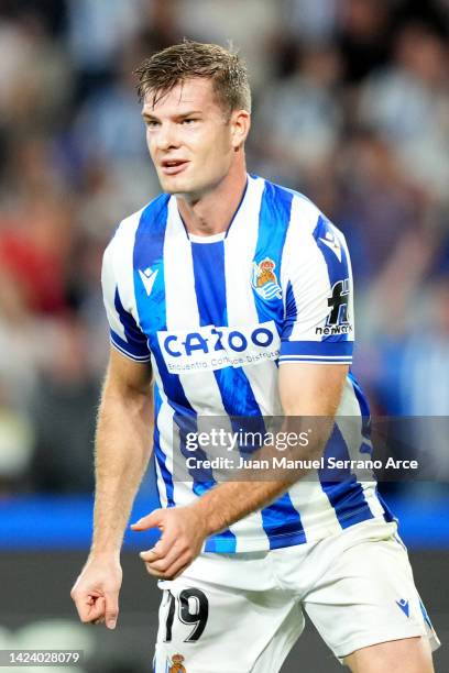 Alexander Sorloth of Real Sociedad celebrates after scoring their side's second goal during the UEFA Europa League group E match between Real...