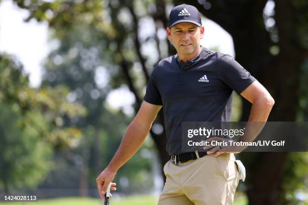 Team Captain Sergio Garcia of Fireballs GC stands on the fifth green during the pro-am prior to the LIV Golf Invitational - Chicago at Rich Harvest...