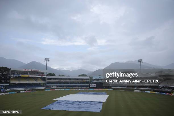 Rain stops play during the Men's 2022 Hero Caribbean Premier League match between Barbados Royals and Jamaica Tallawahs at the Queen's Park Oval on...