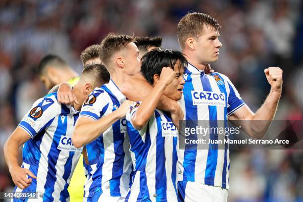 Alexander Sorloth of Real Sociedad celebrates with teammates after scoring their side's second goal during the UEFA Europa League group E match...