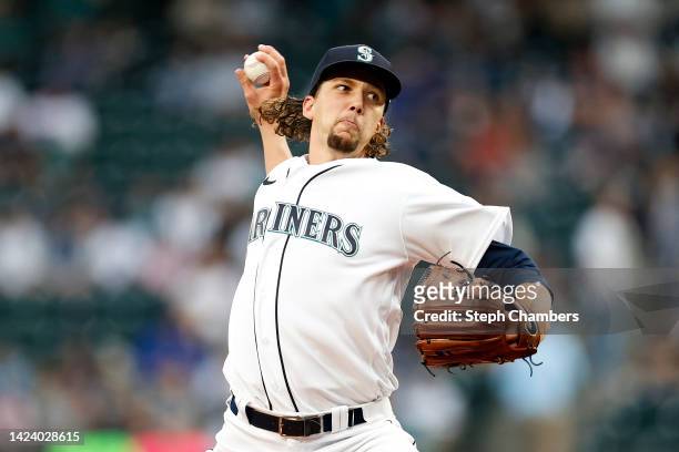 Logan Gilbert of the Seattle Mariners pitches during the first inning against the San Diego Padres at T-Mobile Park on September 13, 2022 in Seattle,...