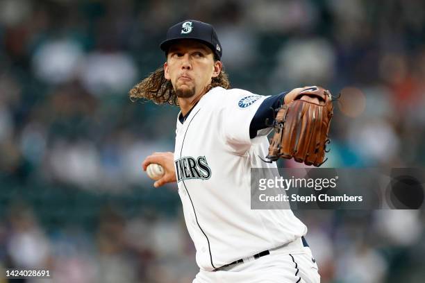 Logan Gilbert of the Seattle Mariners pitches during the first inning against the San Diego Padres at T-Mobile Park on September 13, 2022 in Seattle,...