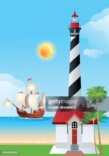 basic st. augustine lighthouse and galleon - st augustine lighthouse stock illustrations