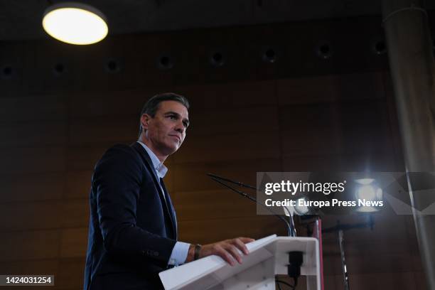 The Secretary General of the PSOE and President of the Government, Pedro Sanchez, speaks at an event of the campaign 'El Gobierno de la Gente', at...