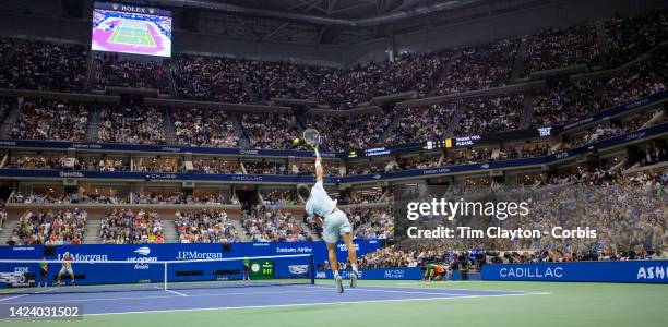 September 11: A general view of Carlos Alcaraz of Spain serving against Casper Ruud of Norway in the Men's Singles Final on Arthur Ashe Stadium...