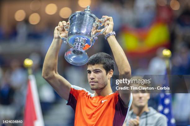 September 11: Carlos Alcaraz of Spain with the winners trophy after his victory against Casper Ruud of Norway in the Men's Singles Final match on...