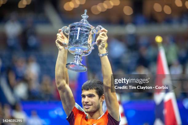 September 11: Carlos Alcaraz of Spain with the winners trophy after his victory against Casper Ruud of Norway in the Men's Singles Final match on...