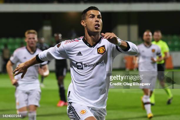 Cristiano Ronaldo of Manchester United celebrates after scoring their team's second goal from the penalty spot during the UEFA Europa League group E...