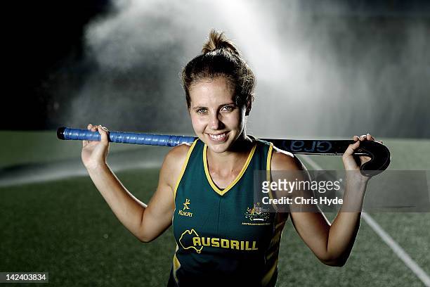 Ashleigh Nielsen poses during an Australian women's Hockeyroos hockey portrait session at the Sunshine Coast sports complex on April 4, 2012 in...