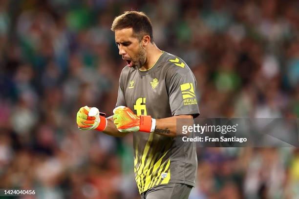 Claudio Bravo of Real Betis celebrates after their side's first goal during the UEFA Europa League group C match between Real Betis and PFC...