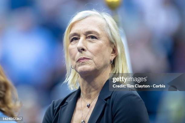 September 10: Martina Navratilova before presenting the winner's trophy to Iga Swiatek of Poland at the presentation ceremony after the Women's...