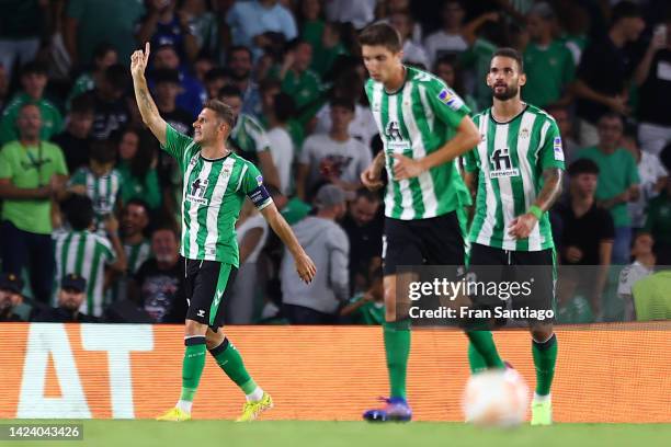 Joaquin of Real Betis celebrates after scoring their side's second goal during the UEFA Europa League group C match between Real Betis and PFC...