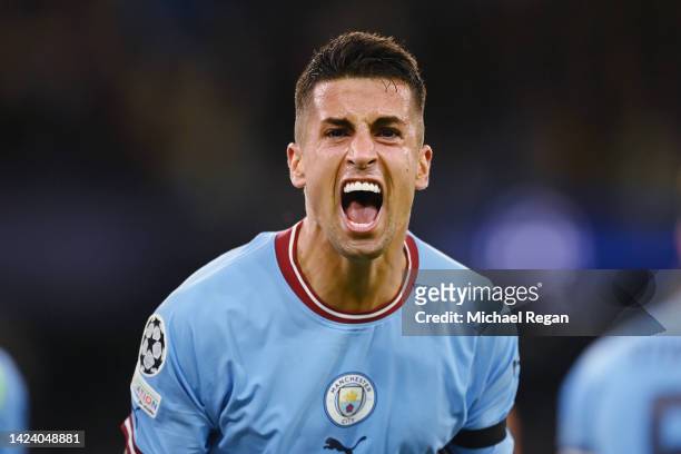 Joao Cancelo of Manchester City celebrates during the UEFA Champions League group G match between Manchester City and Borussia Dortmund at Etihad...