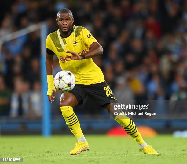 Anthony Modeste of Borussia Dortmund in action during the UEFA Champions League group G match between Manchester City and Borussia Dortmund at Etihad...