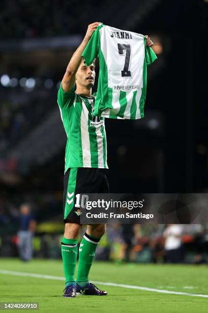 Sergio Canales of Real Betis celebrates after scoring their side's third goal during the UEFA Europa League group C match between Real Betis and PFC...