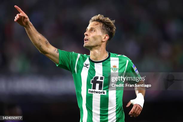 Sergio Canales of Real Betis celebrates after scoring their side's third goal during the UEFA Europa League group C match between Real Betis and PFC...