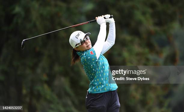 Ayako Uehara of Japan hits her tee shot on the 13th holeduring round one of the AmazingCre Portland Classic at Columbia Edgewater Country Club on...