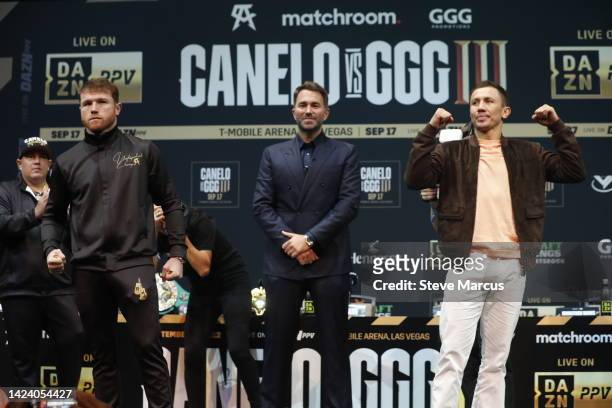 Undisputed super middleweight boxer Canelo Alvarez poses with Gennadiy Golovkin during a news conference at the KA Theatre at MGM Grand Hotel &...