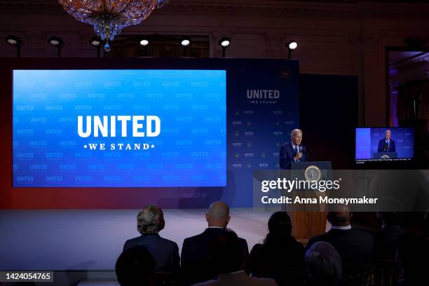 President Joe Biden speaks at the United We Stand Summit in the East Room of the White House on September 15, 2022 in Washington, DC. Faith leaders,...