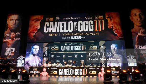 View of the stage as undisputed super middleweight boxer Canelo Alvarez and Gennadiy Golovkin attend a news conference at the KA Theatre at MGM Grand...