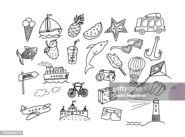 illustrazioni stock, clip art, cartoni animati e icone di tendenza di vacanze estive e viaggio doodles doodle set - imbarcazione per passeggeri