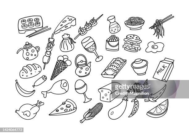 stockillustraties, clipart, cartoons en iconen met food doodle set - chicken drawing