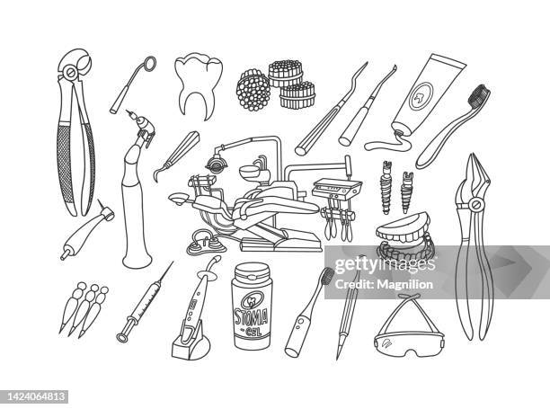 zahnarztausrüstung doodle set - dentista vector stock-grafiken, -clipart, -cartoons und -symbole