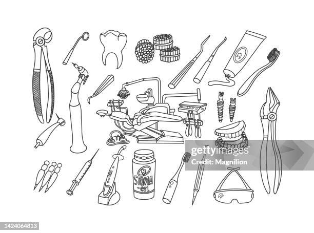 dentist equipment doodle set - floss isolated stock illustrations