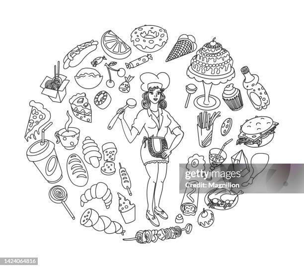 cooking doodle set - cut cake stock illustrations