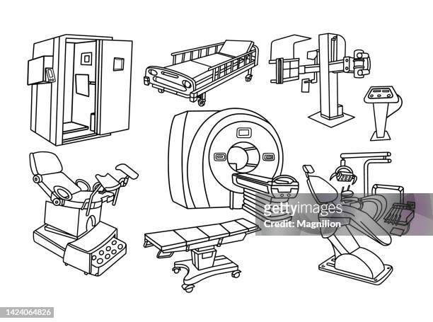 mri & medical equipment doodle set - ct scanner stock illustrations