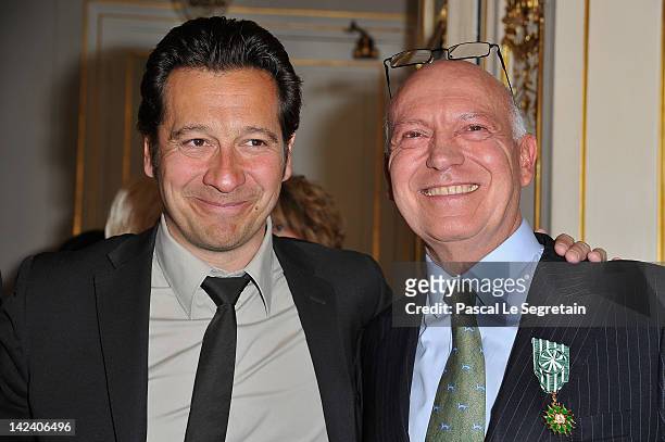 Bertrand Rindoff Petroff Officier des Arts et Des Lettres honored Chevalier Des Arts et Lettres by French Culture Minister poses with Laurent Gerra...