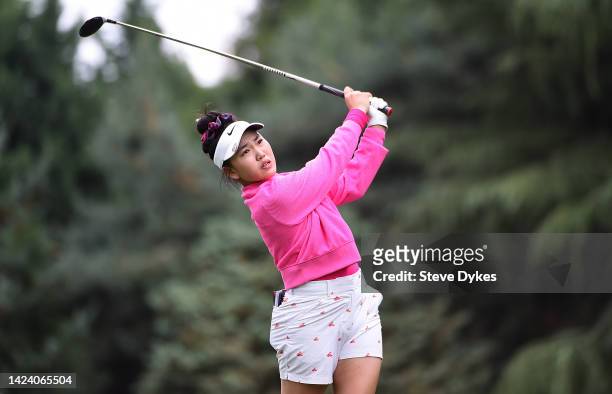 Lucy Li hits her tee shot on the 11th hole during round one of the AmazingCre Portland Classic at Columbia Edgewater Country Club on September 15,...