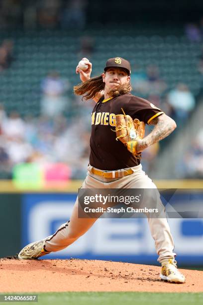 Mike Clevinger of the San Diego Padres pitches during the second inning against the Seattle Mariners at T-Mobile Park on September 14, 2022 in...