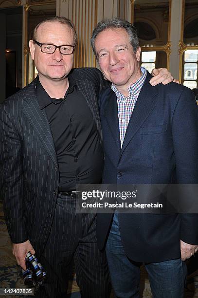 Pierre Villard and Georges De Keerle pose at Ministere de la Culture on April 4, 2012 in Paris, France.