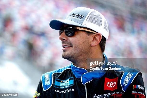 Stewart Friesen, driver of the Halmar International Toyota, looks on during qualifying for the NASCAR Camping World Truck Series UNOH 200 at Bristol...