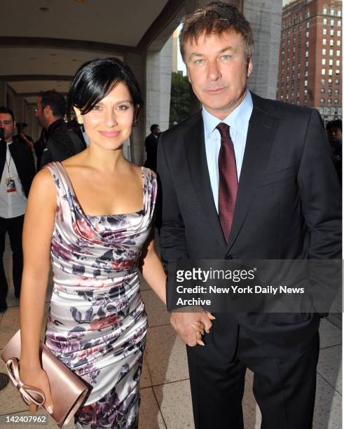 Alec Baldwin and girlfriend Hilaria Thomas arrives at Lincoln Center for Tony Bennett's 85th Birthday Celebration with a Star-Studded Gala at the...
