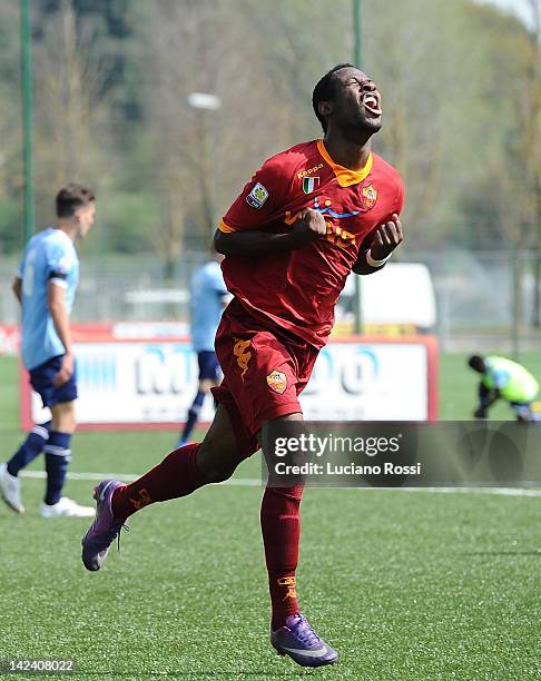 Juon Tallo of AS Roma celebrates after scoring the opening goal during the Campionato Primavera TIM match between AS Roma and SS Lazio at Centro...