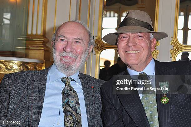 Bertrand Rindoff Petroff Officier des Arts et Des Lettres honored Chevalier Des Arts et Lettres by French Culture Minister poses with Jean-Pierre...