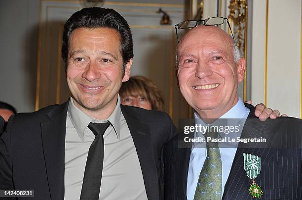 Bertrand Rindoff Petroff Officier des Arts et Des Lettres honored Chevalier Des Arts et Lettres by French Culture Minister poses with Laurent Gerra...