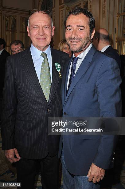 Bertrand Rindoff Petroff Officier des Arts et Des Lettres honored Chevalier Des Arts et Lettres by French Culture Minister poses with Bernard Montiel...