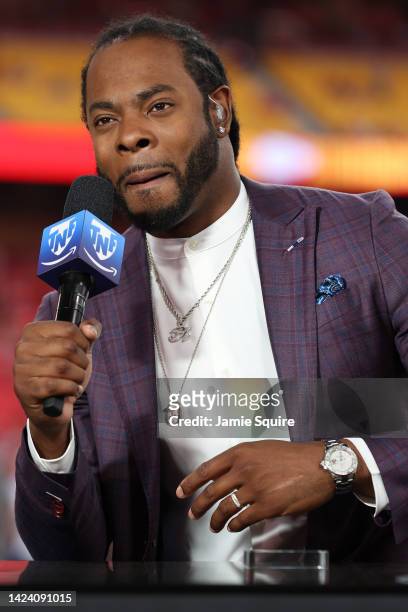 Thursday Night Football Commentator Richard Sherman talks during pregame before the game between the Los Angeles Chargers and Kansas City Chiefs at...